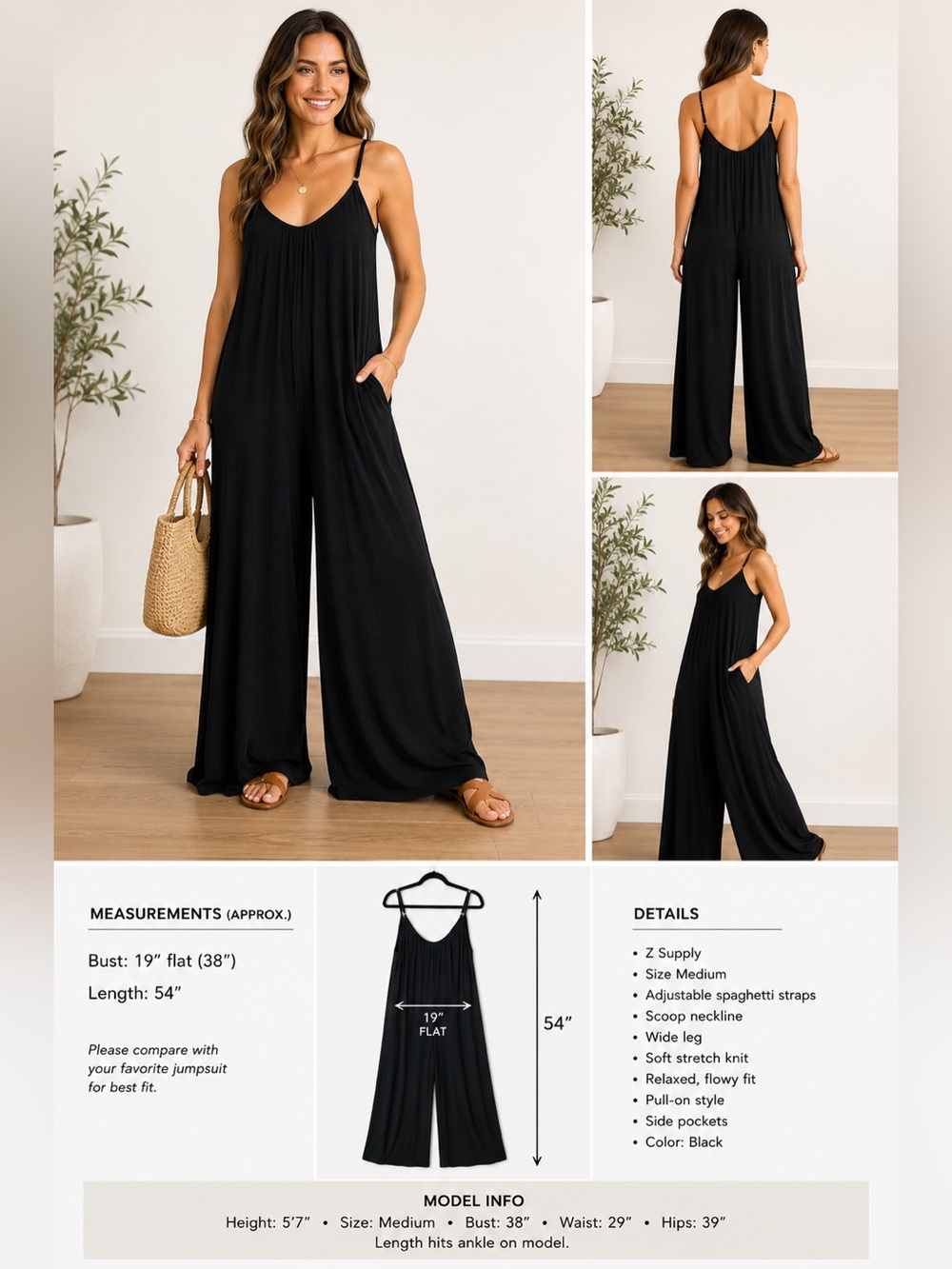 Z Supply Black Wide Leg Maxi Jumpsuit | Medium